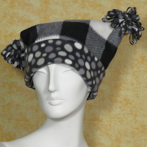 Fleece Hat in Black and White Plaid and Polka Dots, Size Medium