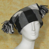 Fleece Hat in Black and White Buffalo Plaid with Tassels, Size Large