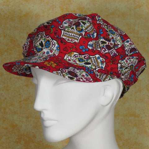 Taxi Cap, Sugar Skulls Print on Red, Size Extra Large