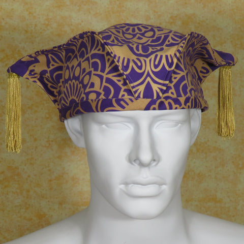 Kabuki Crown, Purple and Gold Mandala Print with Tassels, Size Large