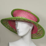 Saturn, Pink and Lime Plaid Straw, Polka Dot Edge and Ribbon