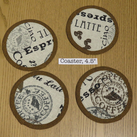 Set of four Coasters, Coffee Themed Print