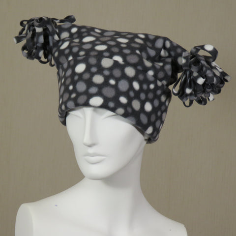 Fleece Hat, Greyscale Polka Dots, Loopy Pom Poms, Size Medium