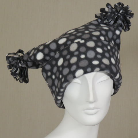 Fleece Hat, Greyscale Polka Dots, Loopy Pom Poms, Size Small to Medium