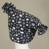 Fleece Hat, Greyscale Polka Dots, Loopy Pom Poms, Size Small to Medium