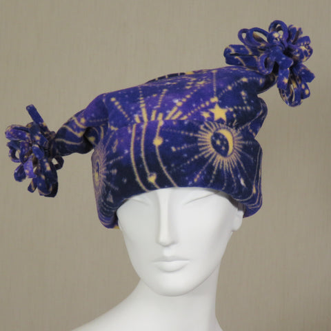 Fleece Hat, Celestial Purple Print, Loopy Pom Poms, Size Medium