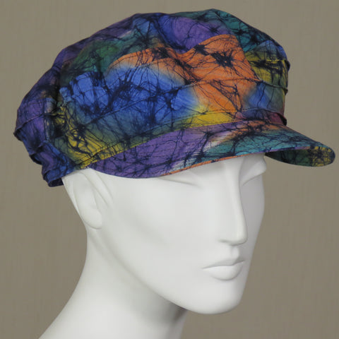 Kabuki Taxi Cap, Multi-Colored Batik Tie-Dye on Cotton, Size Large