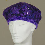 Kabuki Beret, Purple Taffeta Overlaid with Sequin Lace, Size Small
