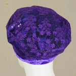 Kabuki Beret, Purple Taffeta Overlaid with Sequin Lace, Size Small