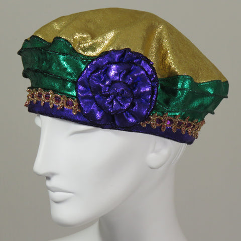 Beret, Mardi Gras, Foil Velvet with Flower, Size Medium