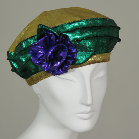 Beret, Mardi Gras, Foil Velvet with Flower, Size Large