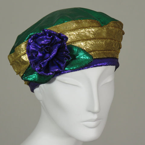 Beret, Mardi Gras, Foil Velvet with Flower, Size Small