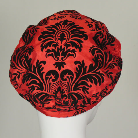 Kabuki Beret, Mardi Gras Flocked Taffeta, Red and Black, Size Small