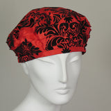 Kabuki Beret, Mardi Gras Flocked Taffeta, Red and Black, Size Small