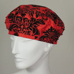 Kabuki Beret, Mardi Gras Flocked Taffeta, Red and Black, Size Small