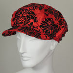 Taxi Cap, Black on Red Flocked Taffeta, Size Medium