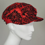 Taxi Cap, Black on Red Flocked Taffeta, Size Medium