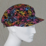 Taxi Cap, Multi-Color Butterflies on Black, Size Large