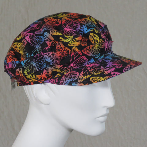Taxi Cap, Multi-Color Butterflies on Black, Size Large