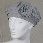 Kabuki Beret, Grey Linen with Matching Flower Pin, Size Medium to Large
