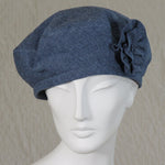 Kabuki Beret, Blue Linen with Matching Flower Pin, Size Large