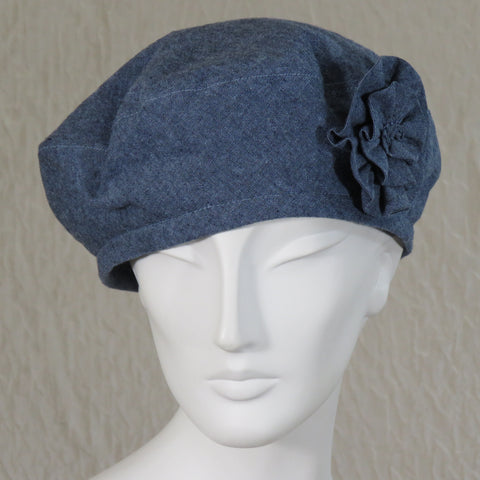 Kabuki Beret, Blue Linen with Matching Flower Pin, Size Large