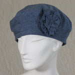 Kabuki Beret, Blue Linen with Matching Flower Pin, Size Large