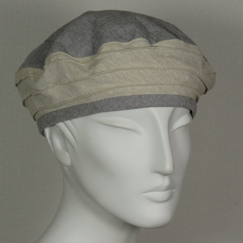 Kabuki Beret, Grey and Ivory Cotton Linen, Size Small/Medium