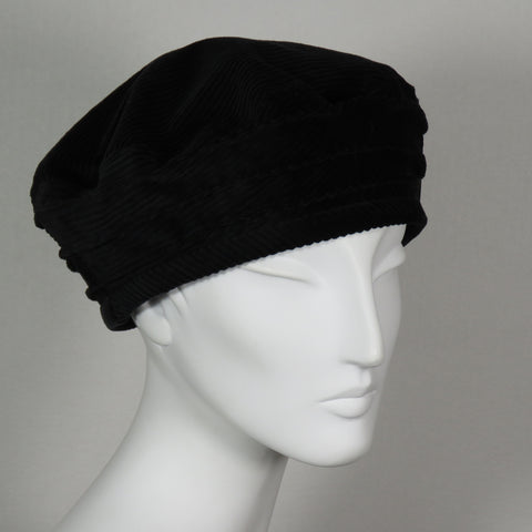 Cotton Beret,  Black Cotton Corduroy, Size Large