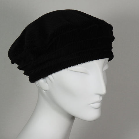 Cotton Beret,  Black Cotton Corduroy, Size Small