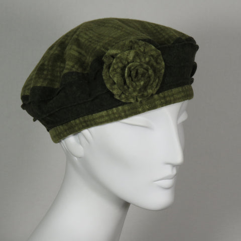 Cotton Flower Beret,  Olive Flannel, Size Large