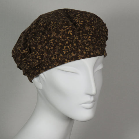 Cotton Beret,  Cotton Flannel, Brown Floral, Size Medium