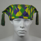 Kabuki Tri Fi, Purple Green and Gold Harlequin Cotton, Tassels, Size Large