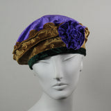 Kabuki Beret, Purple Green and Gold Embossed Velvet, Flower, Size Small