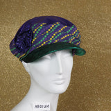 Taxi Cap, Purple and Green Foil Velvet and Beads, Size Medium