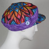 Taxi Cap, Stained Glass Print and Purple Batik, Size Large