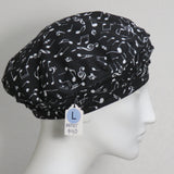 Beret, Music Notes on Black Cotton, Size Large
