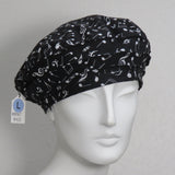 Beret, Music Notes on Black Cotton, Size Large