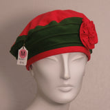 Beret, Green and Red Flannel with Fabric Flower, Size Medium