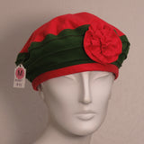 Beret, Green and Red Flannel with Fabric Flower, Size Medium