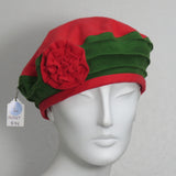 Beret, Green and Red Flannel with Fabric Flower, Size Large