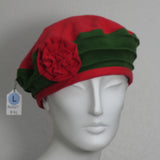 Beret, Green and Red Flannel with Fabric Flower, Size Large