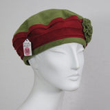 Flannel Beret, Burgundy and Olive, Flower, Size Medium