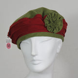 Flannel Beret, Burgundy and Olive, Flower, Size Medium